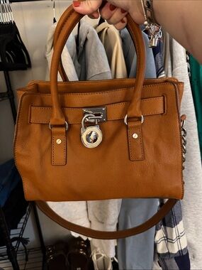 Michael Kors Hamilton Cognac Leather Satchel with Signature Padlock